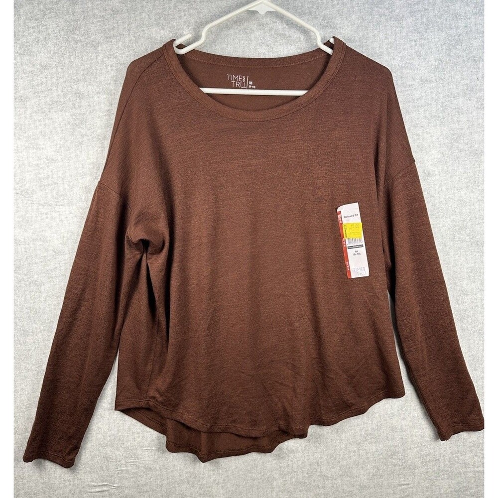 NWT Time & Tru Womens Med Long sleeve Pullover Shirt Brown Crewneck Lightweight